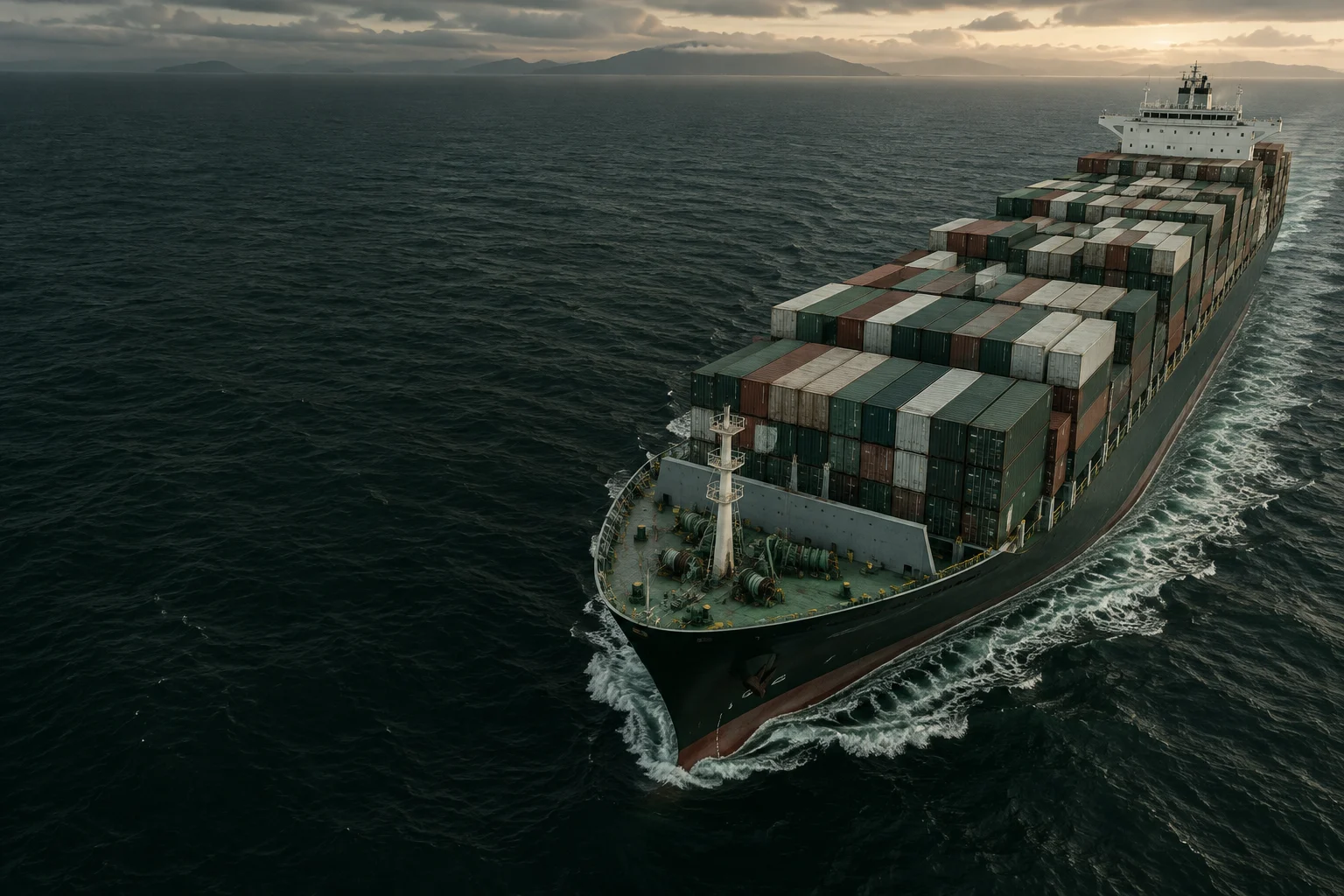 Cena ilustrativa de um navio cargueiro atravessando o oceano